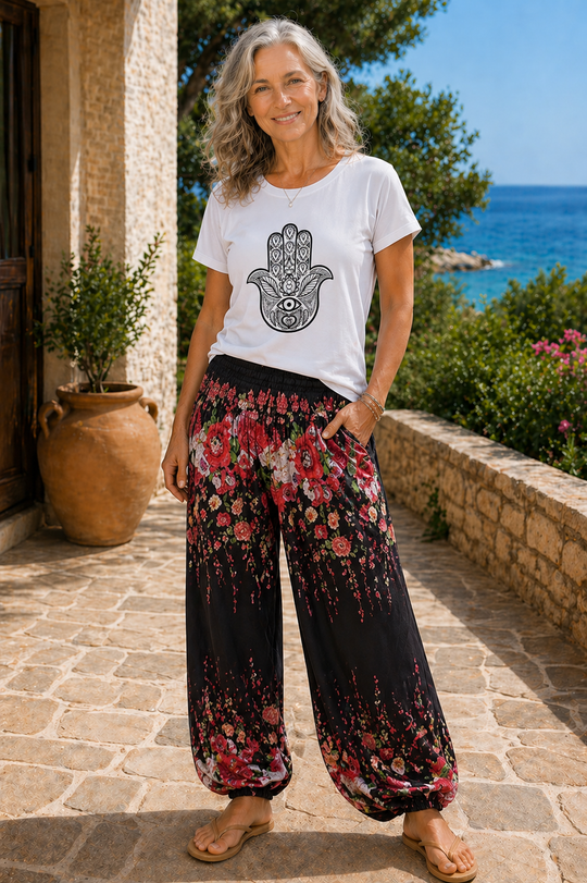 Bohotusk Black Floral Print Elasticated Smocked Waist Womens Harem Pants