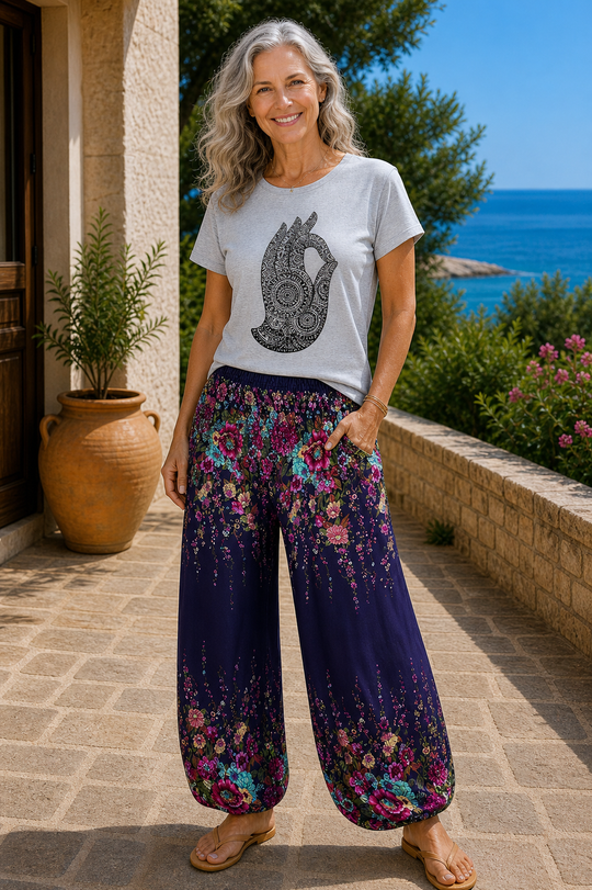 Bohotusk Indigo Floral Print Elasticated Smocked Waist Womens Harem Pants S/M to 4XL