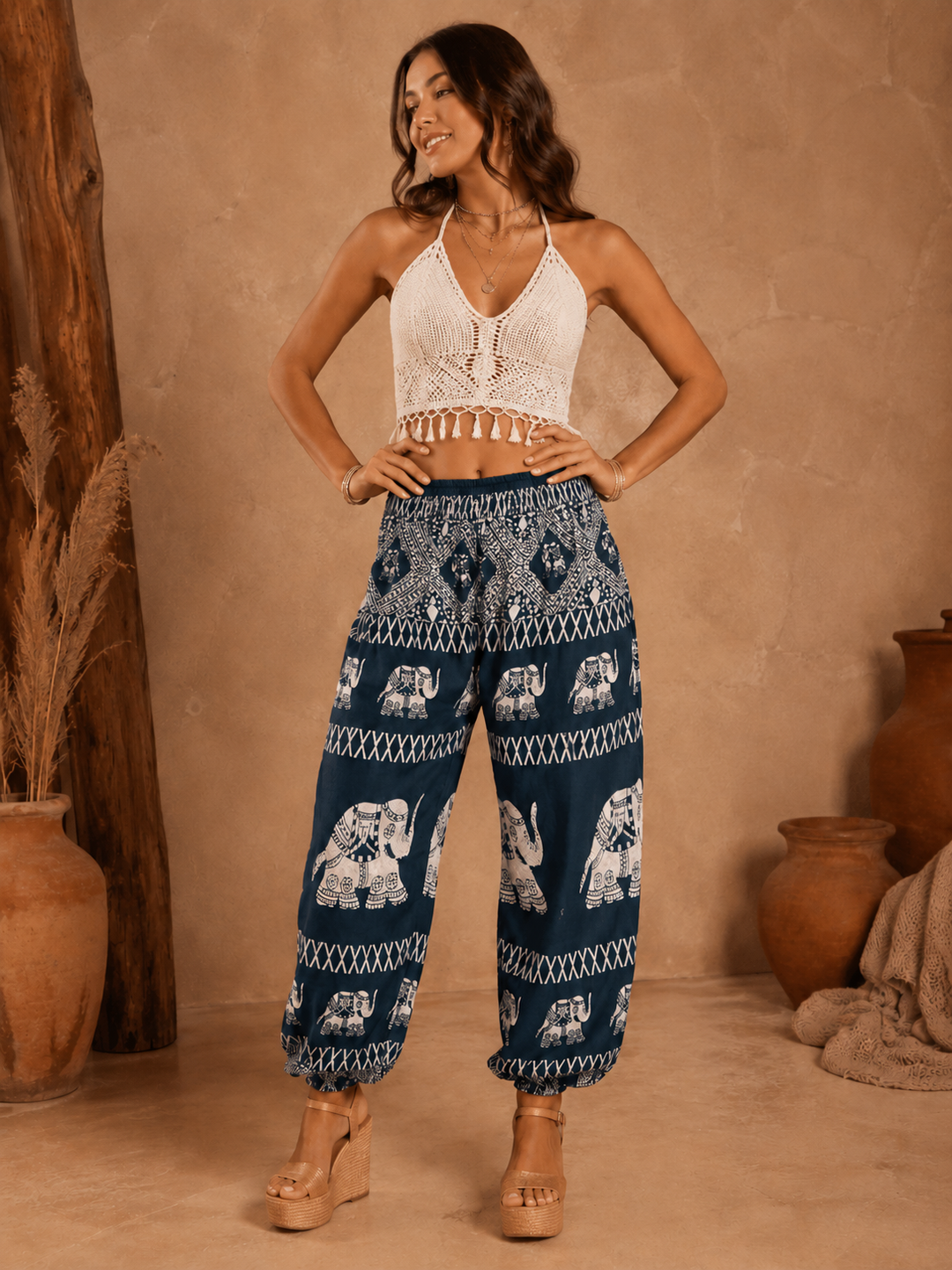 Bohotusk Teal Elephant Bull Print Elasticated Smocked Waist Womens Harem Pants S/M to 3XL