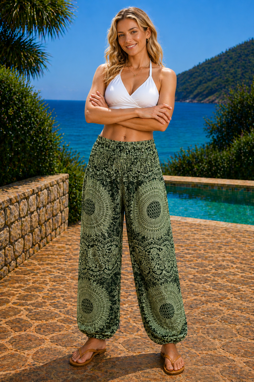 Bohotusk Olive Green Night Glow Print Elasticated Smocked Waist Womens Harem Pants S/M to 3XL