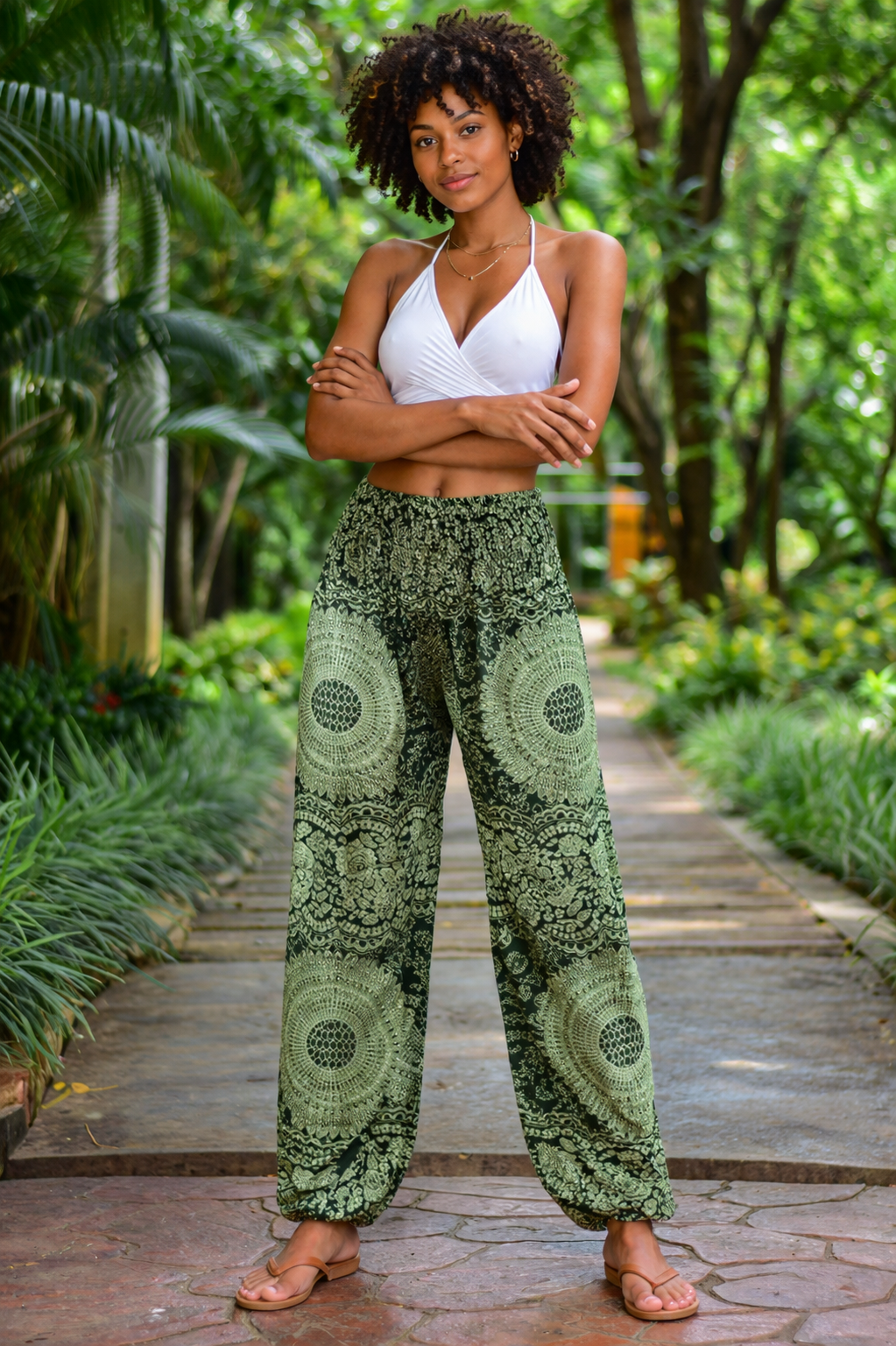 Bohotusk Olive Green Night Glow Print Elasticated Smocked Waist Womens Harem Pants S/M to 3XL