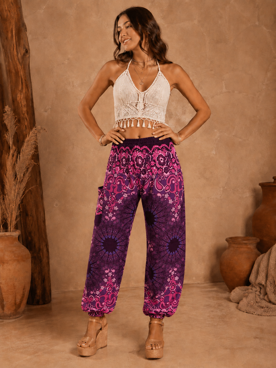 Bohotusk Purple Ink Splash Print Elasticated Smocked Waist Womens Harem Pants S/M to 4XL