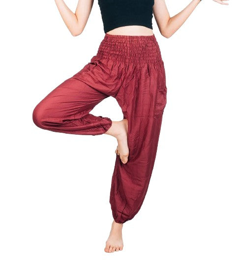 Bohotusk Dark Red Plain Elasticated Smocked Waist Womens Harem Pants S/M to L/XL