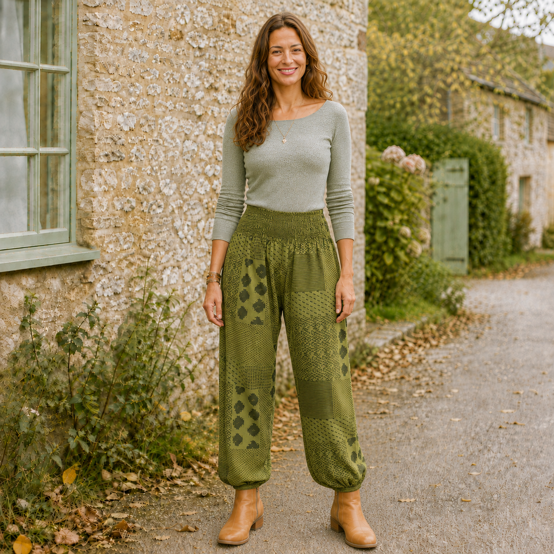 Bohotusk Womens Autumn Green Lunar Cotton Harem Pants S/M to 3XL