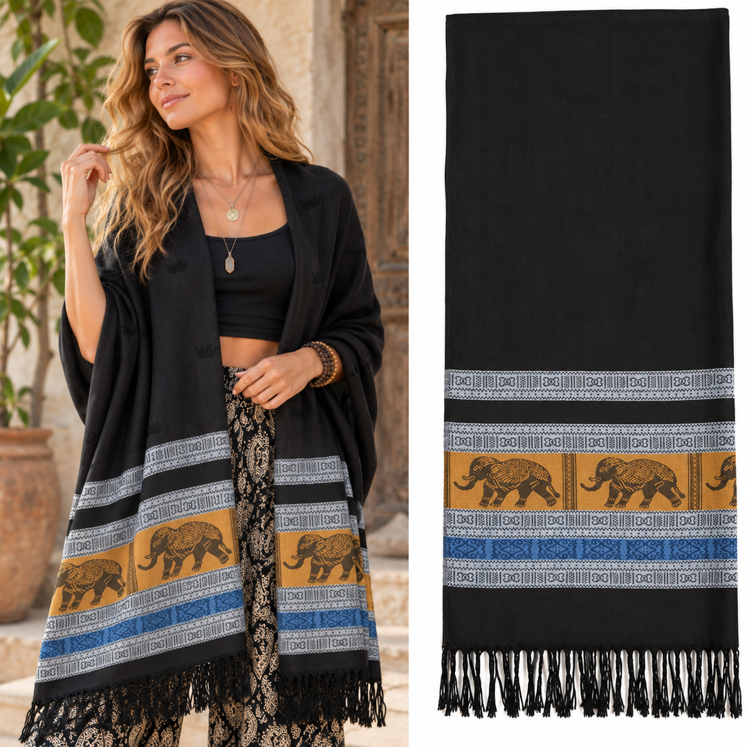 Bohotusk Black Blue Grey Elephant Stripe 26 Cashmere Pashmina 200 x 75cm