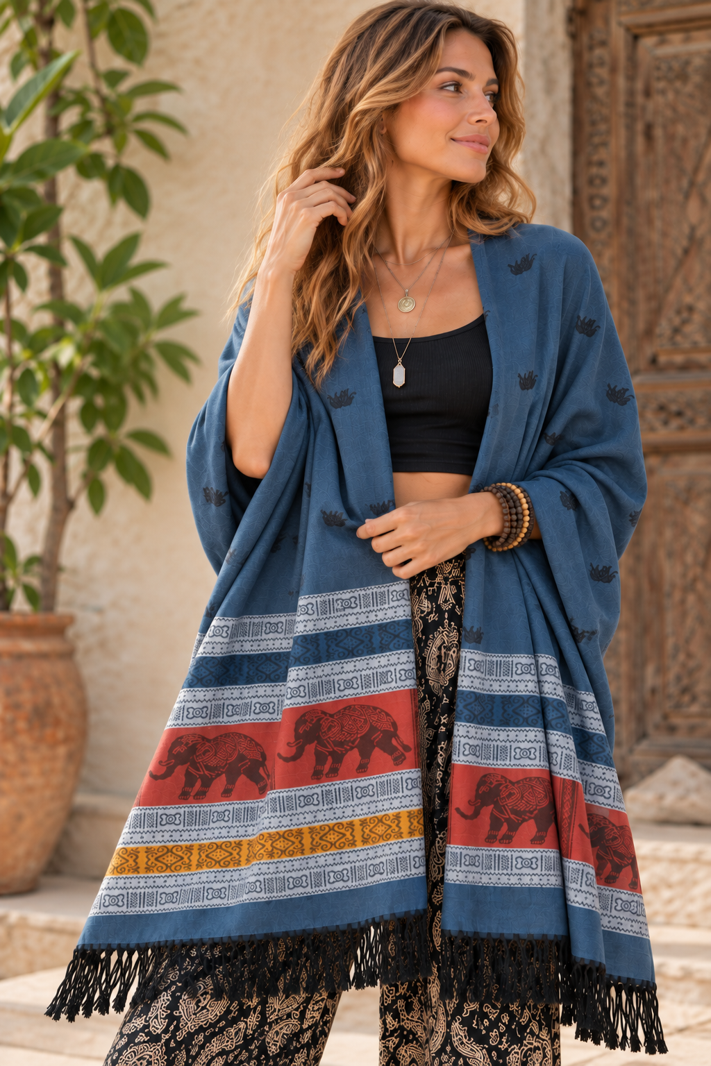 Bohotusk Airforce Blue Grey Elephant Stripe 26 Cashmere Pashmina 200 x 75cm
