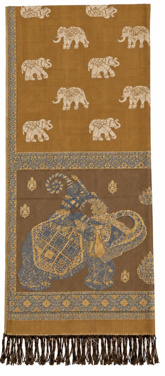Bohotusk Bronze Elephant Sparkly Gold Detail Print 26 Cashmere Pashmina 200 x 75cm