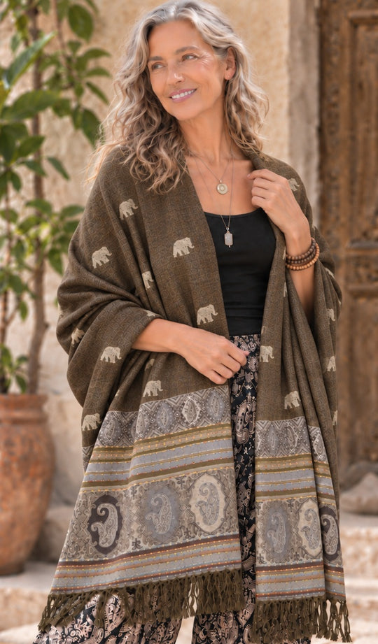 Bohotusk Brown Marl Elephant Print 26 Cashmere Pashmina 200 x 75cm