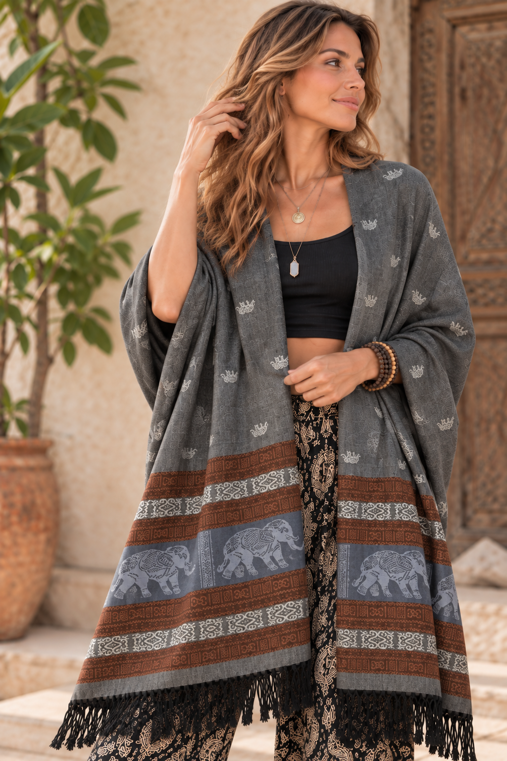Bohotusk Grey Blue Elephant Stripe 26 Cashmere Pashmina 200 x 75cm