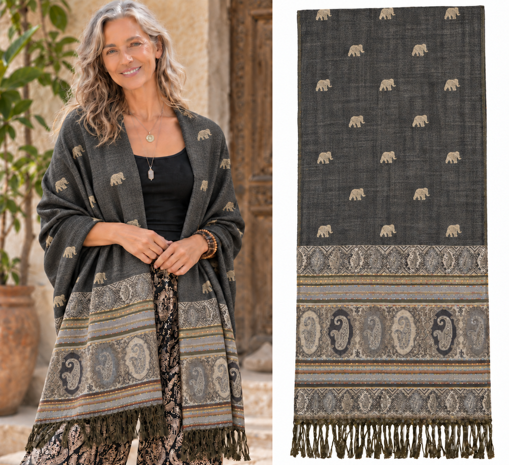 Bohotusk Grey Marl Elephant Print 26 Cashmere Pashmina 200 x 75cm