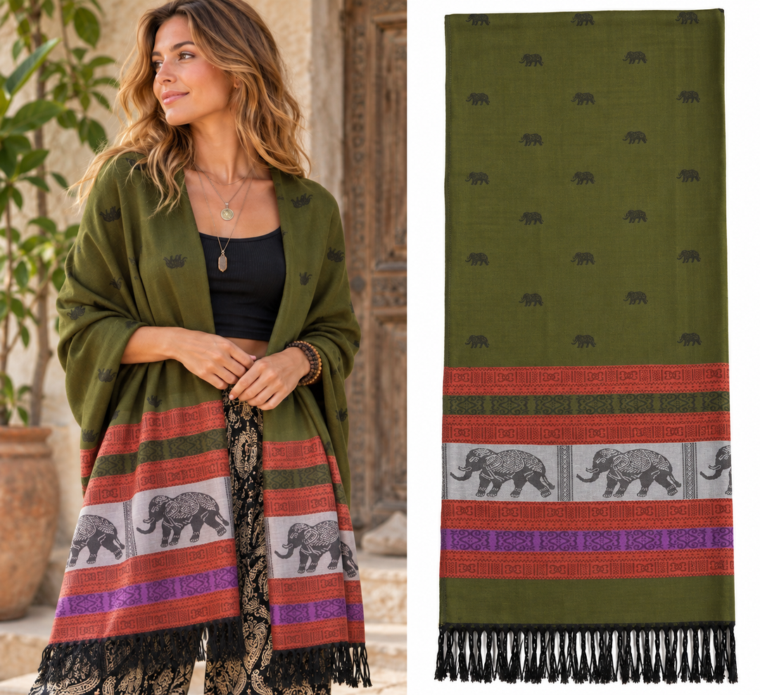 Bohotusk Olive Green Red Mustard Elephant Stripe 26 Cashmere Pashmina 200 x 75cm
