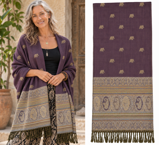 Bohotusk Purple Sand Elephant Print 26 Cashmere Pashmina 200 x 75cm