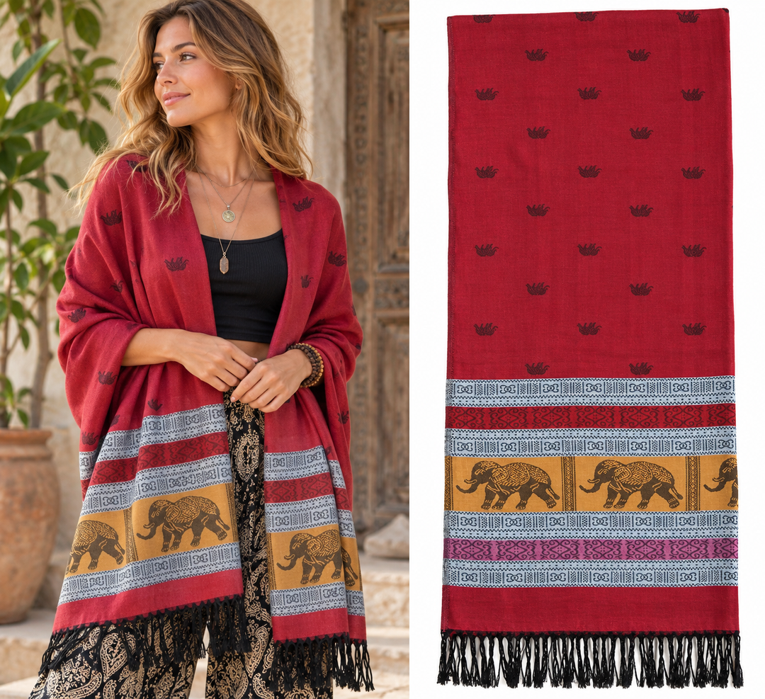 Bohotusk Red Grey Mustard Elephant Stripe 26 Cashmere Pashmina 200 x 75cm