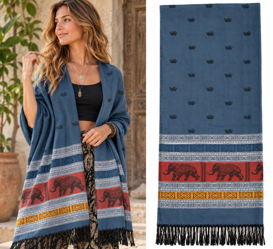 Bohotusk Airforce Blue Grey Elephant Stripe 26 Cashmere Pashmina 200 x 75cm