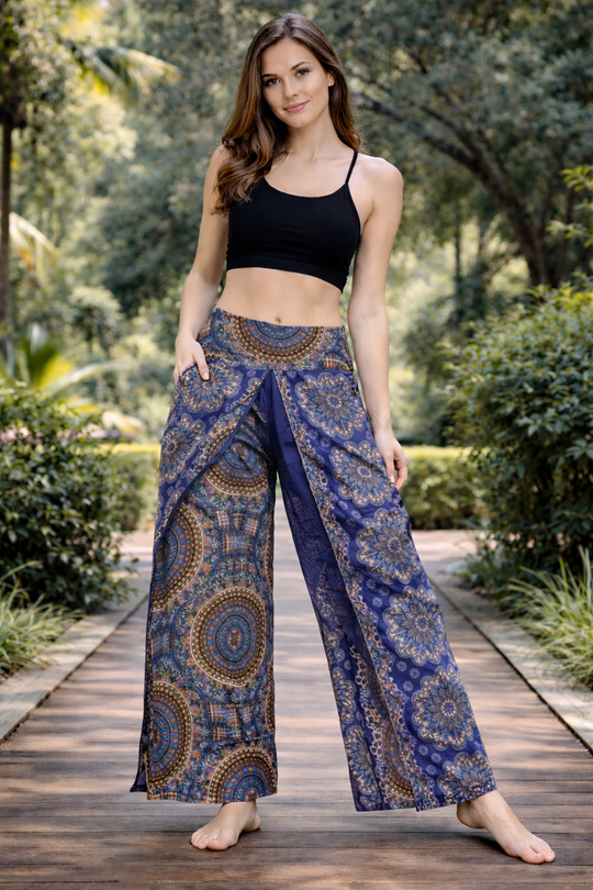Bohotusk Blue Grey Sun Circles Womens Palazzo Pants Small (UK 8 - 10)