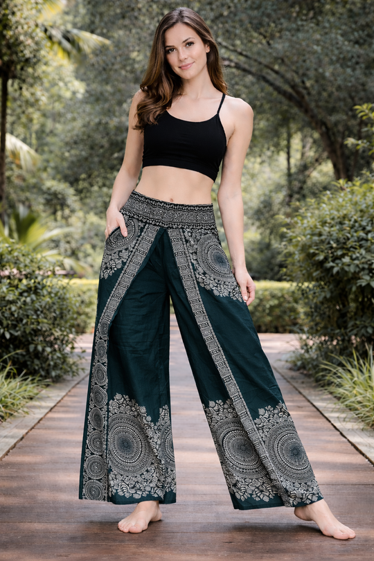 Bohotusk Green Sun Storm Print Womens Palazzo Pants Medium (UK 10 - 12)