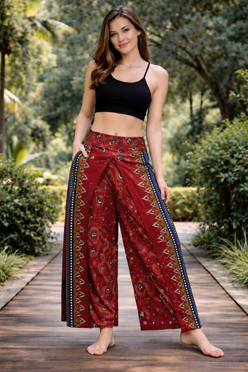 Bohotusk Red Peacock Womens Palazzo Trousers Small (UK 8-10)