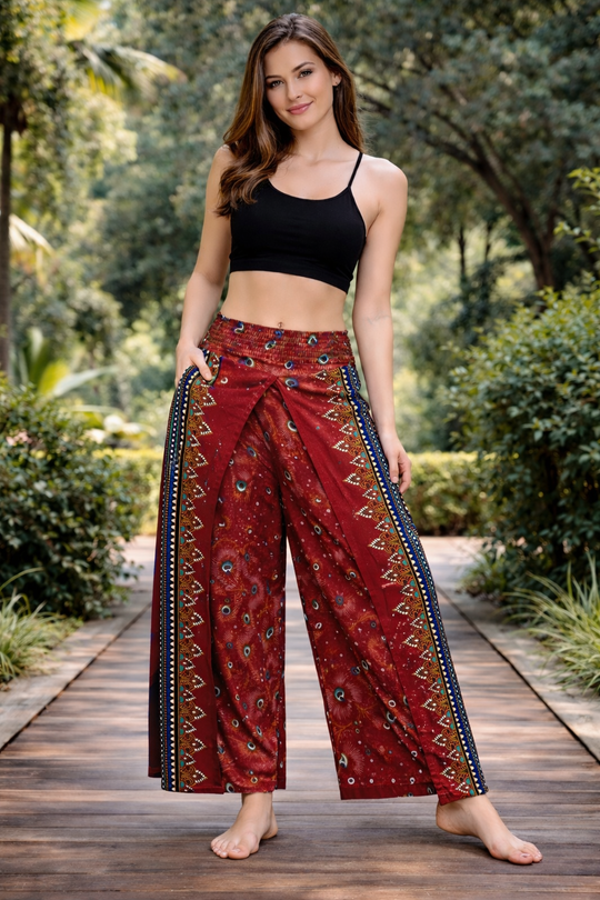 Bohotusk Red Peacock Womens Palazzo Trousers Small (UK 8-10)