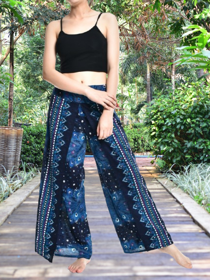 Bohotusk Blue Peacock Womens Palazzo Trousers S/M (UK 8 - 12)