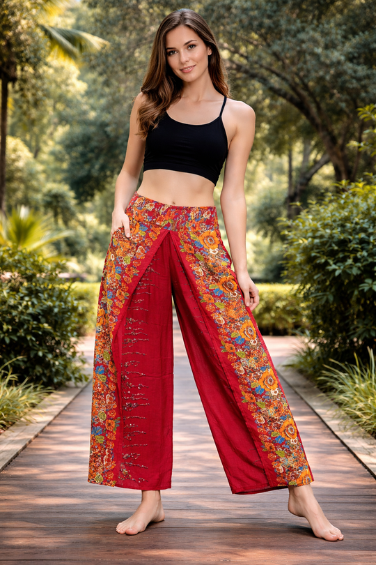 Bohotusk Red Floral Print Womens Palazzo Pants Small (UK 8 - 10)