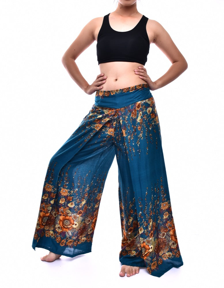Bohotusk Green Floral Print Womens Palazzo Pants S/M (UK 8 - 12)