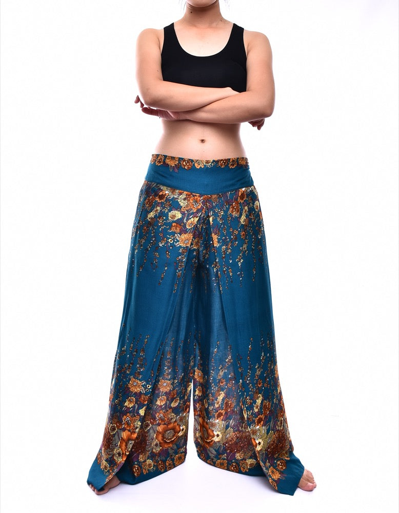 Bohotusk Green Floral Print Womens Palazzo Pants S/M (UK 8 - 12)