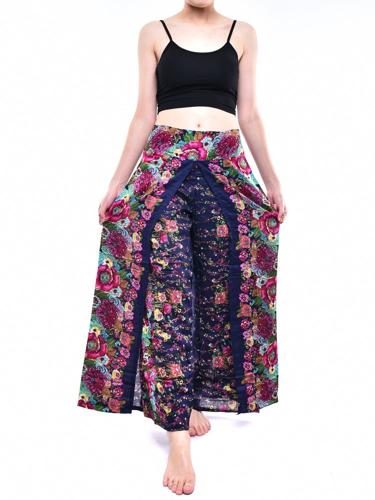 Bohotusk Indigo Blue Floral Print Womens Palazzo Pants S/M (UK 8 - 10)