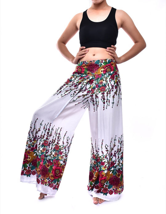 Bohotusk White Floral Print Womens Palazzo Pants S/M (UK 8 - 10)