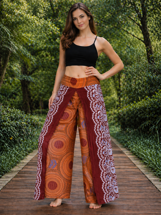 Bohotusk Brown Sun Glow Flowers Print Womens Palazzo Pants Medium (UK 10 - 12)