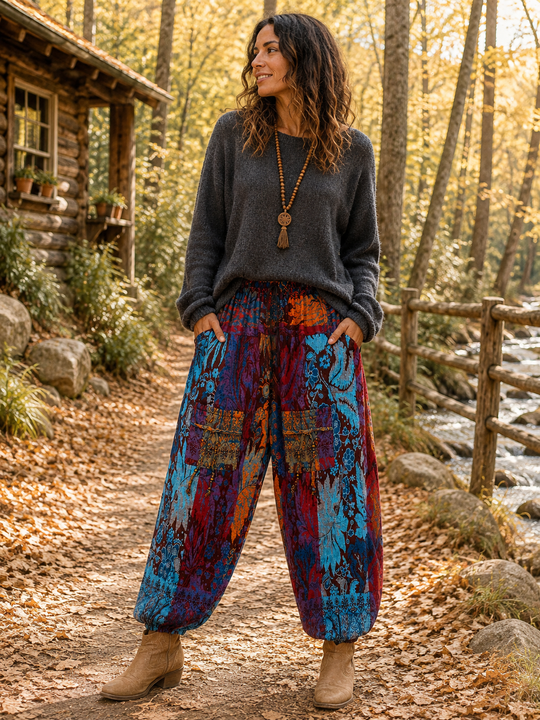 Bohotusk Red Aqua Coral Reef Fleece Harem Pants One Size