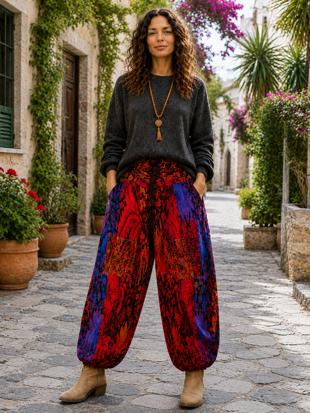 Bohotusk Red Blue Coral Reef Fleece Harem Pants One Size
