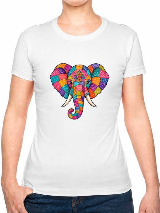 Boho Patchwork Elephant Print Ladies T-Shirt XS - 2XL (UK 8 - 18) - available in 7 colours