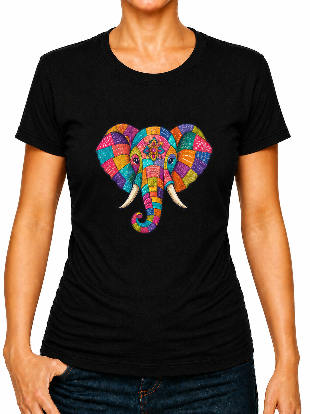Bohotusk Patchwork Elephant Print Cotton Mens T-Shirt S - 3XL