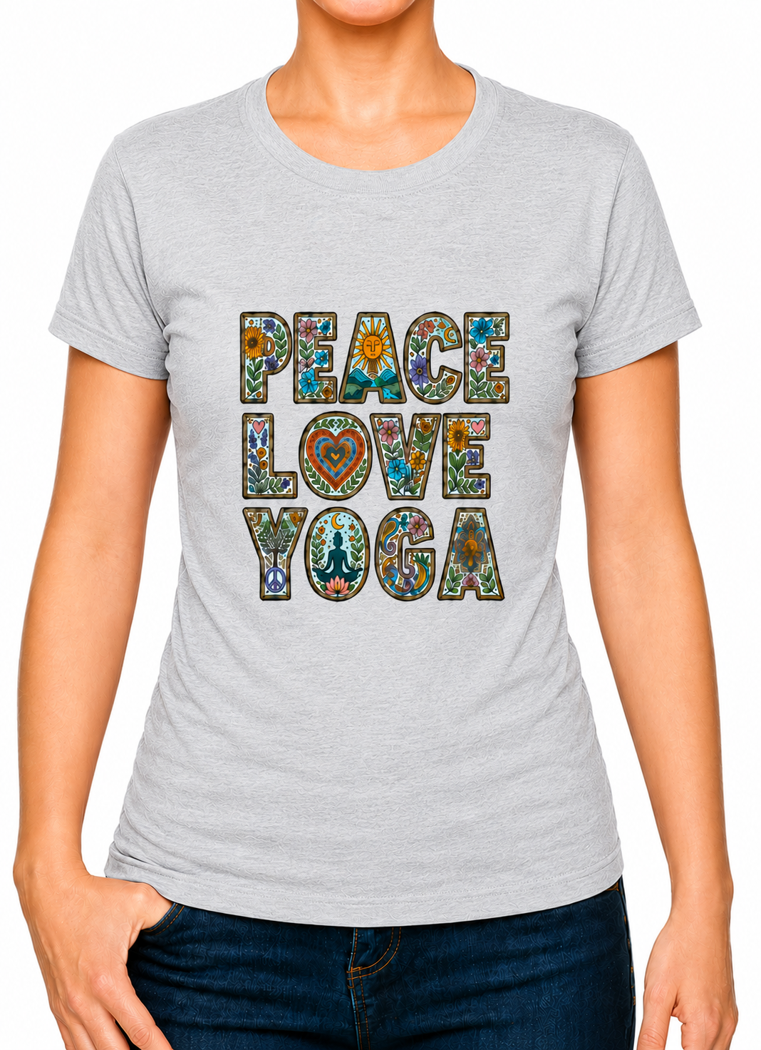 Boho Peace Love Yoga Ladies T-Shirt XS - 2XL (UK 8 - 18) - available in 7 colours