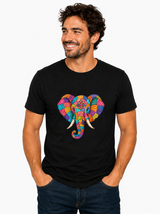 Bohotusk Patchwork Elephant Print Cotton Mens T-Shirt S - 3XL