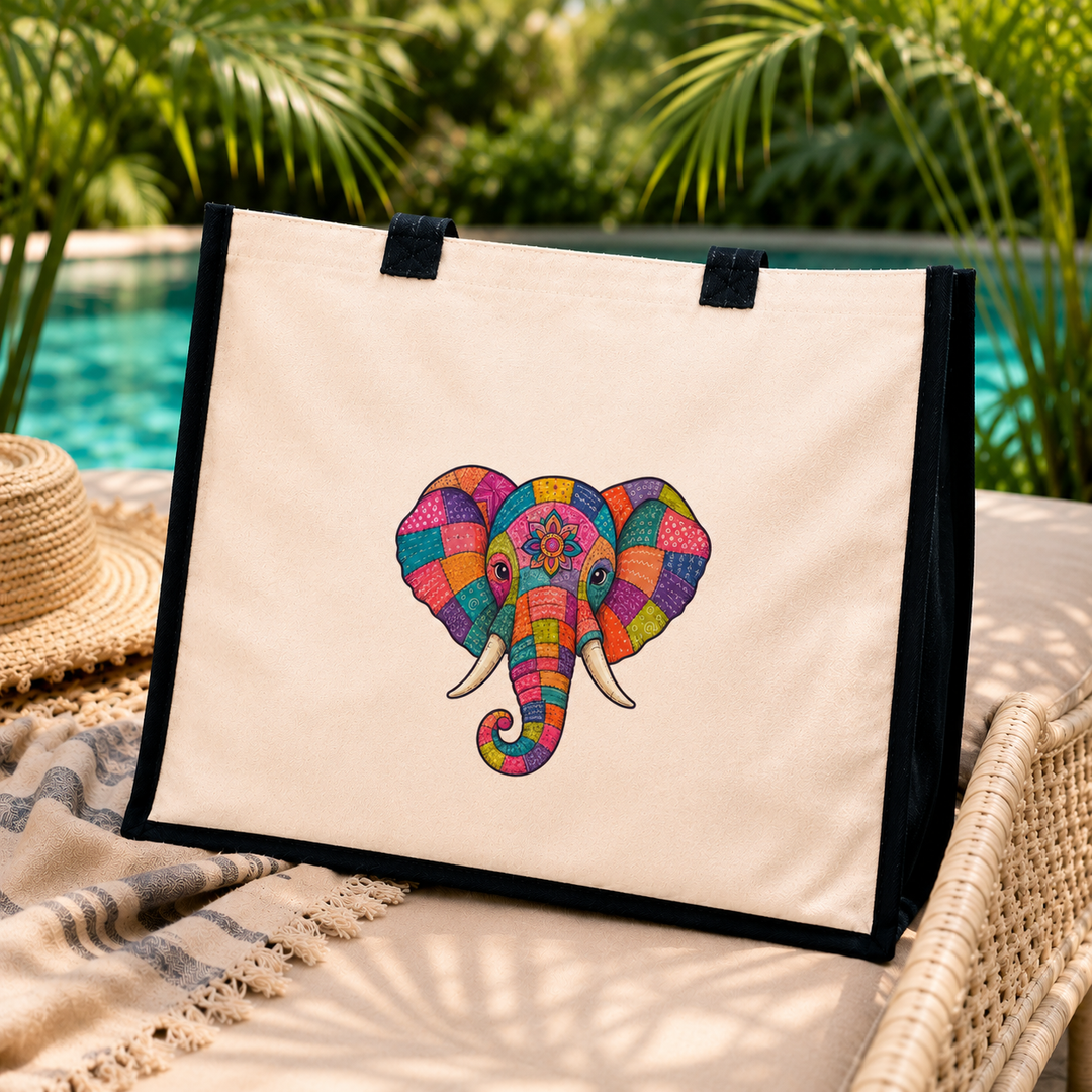 Patchwork Elephant Jute Canvas Tote Bag