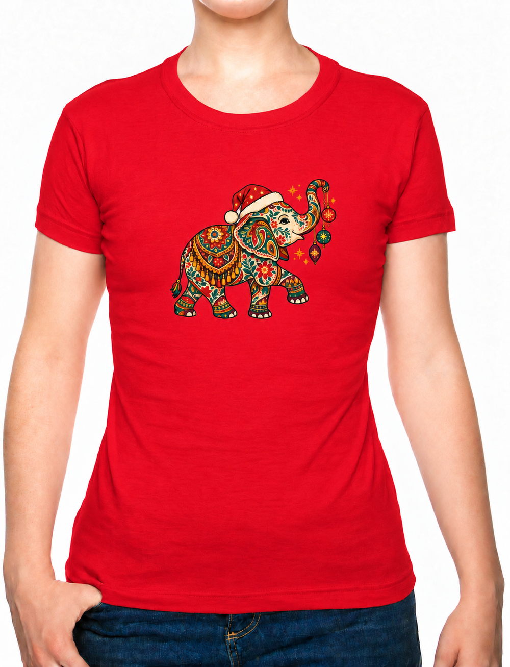 Bohotusk Christmas Elephant & Baubles Cotton Mens T-Shirt S - 3XL