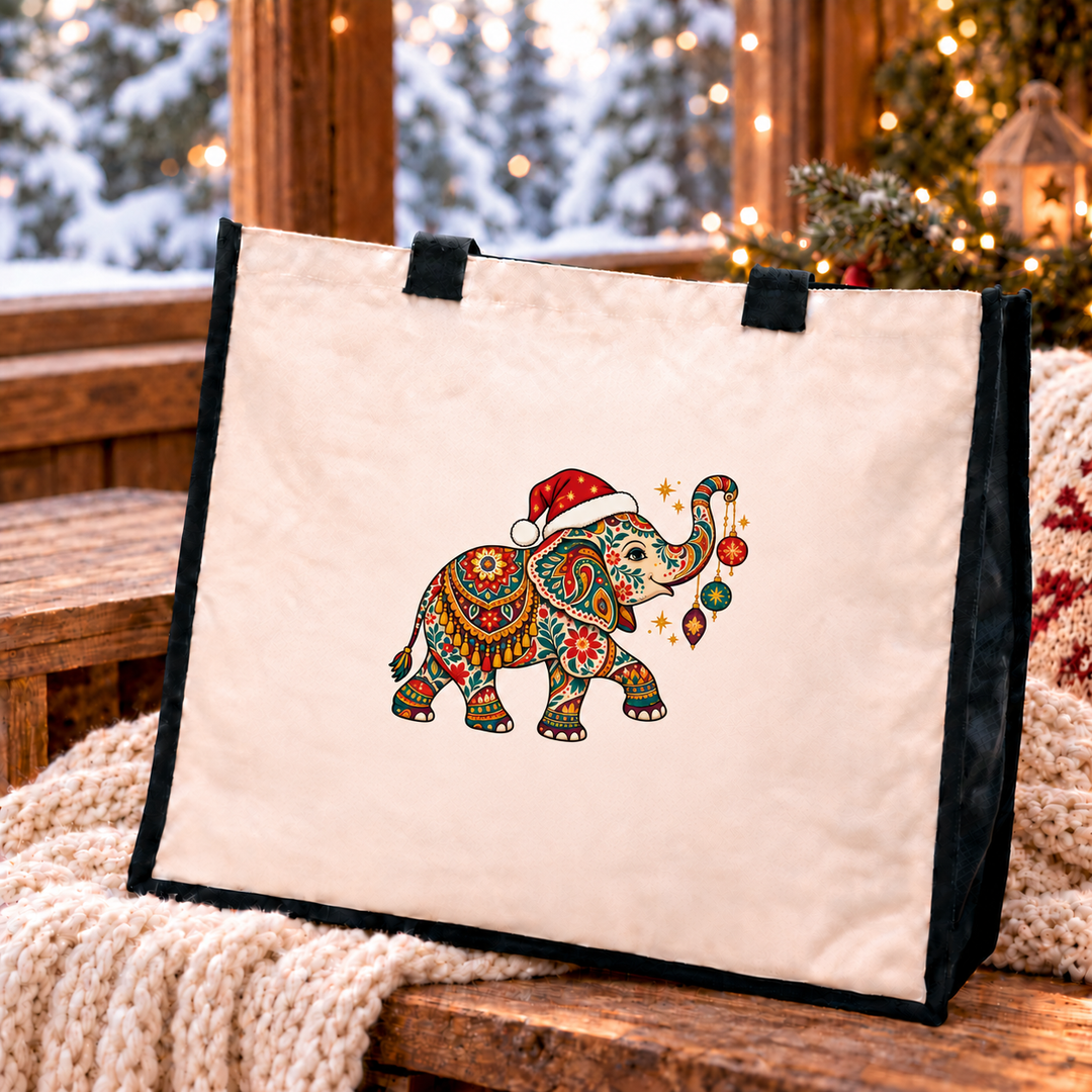 Christmas Elephant Baubles Jute Canvas Tote Bag