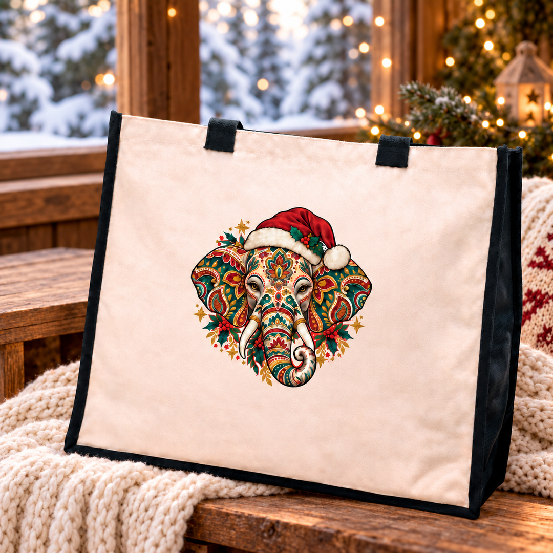 Christmas Elephant Jute Canvas Tote Bag