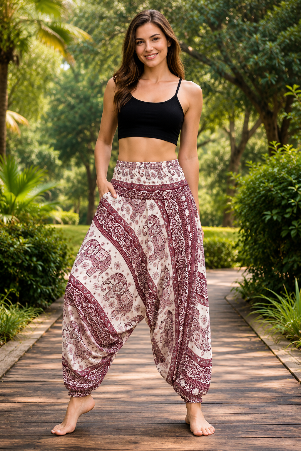 Bohotusk Red Elephant Herd Low Crotch Harem Pants Womens Elasticated Smocked Waist S/M