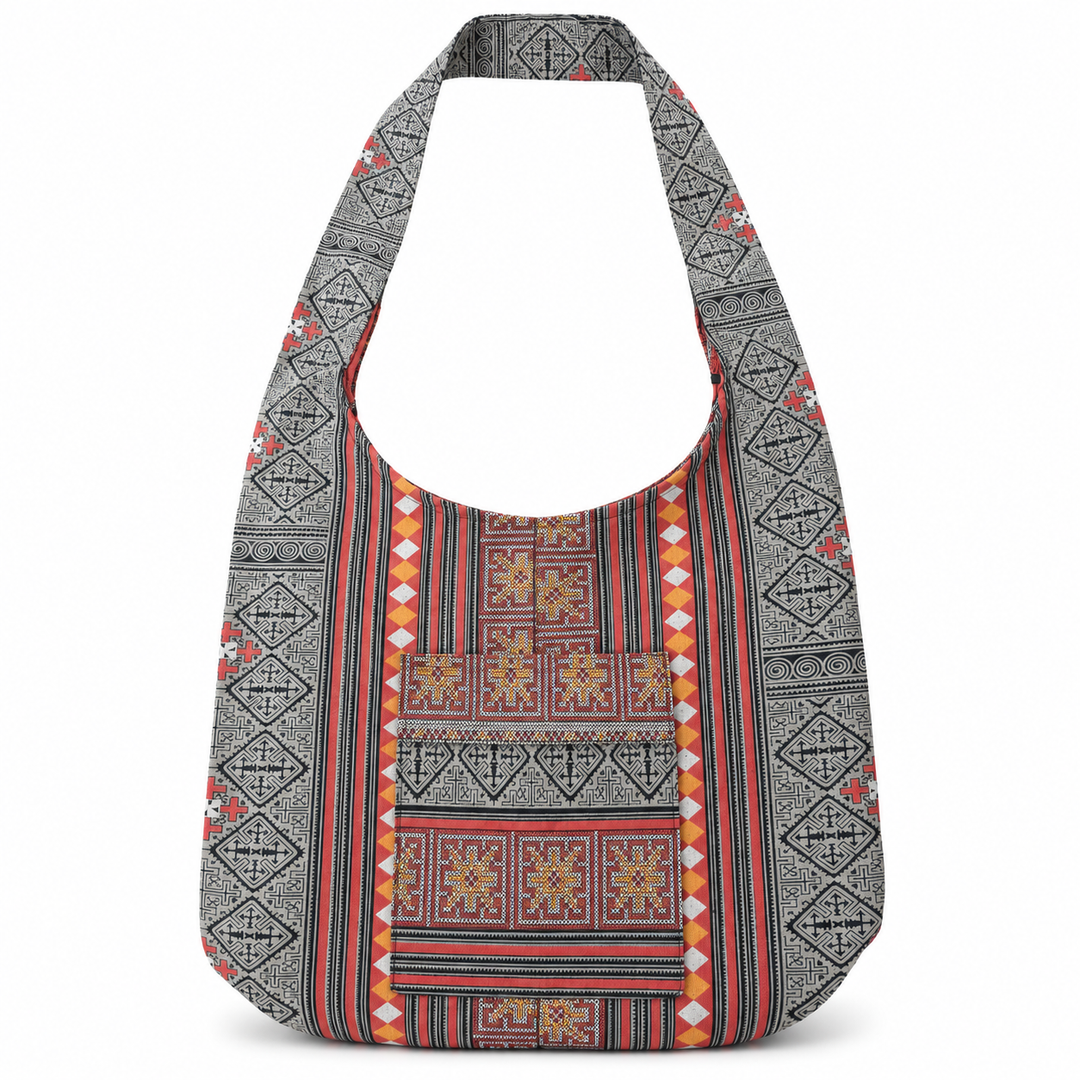 Bohotusk Grey Red Cross Stripe Cotton Canvas Sling Shoulder Bag