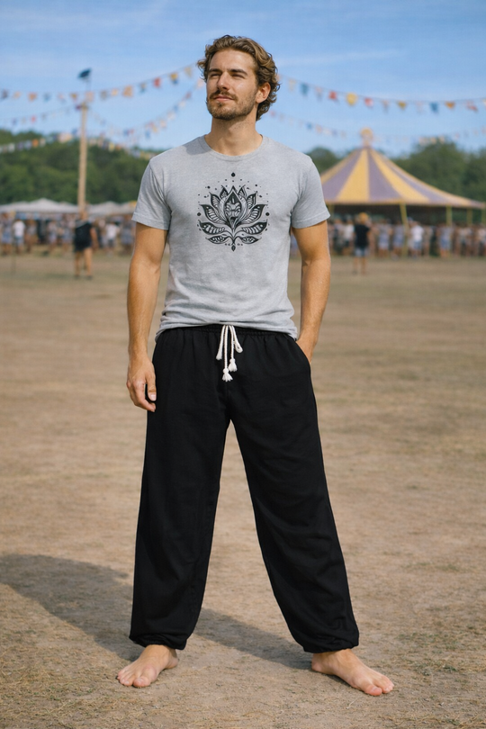 Bohotusk Mens Plain Black Harem Pants Cord Tie Waist M/L to 2XL
