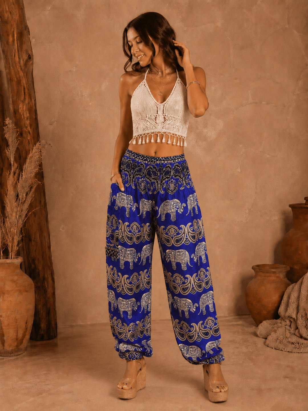 Bohotusk Kids Bue Elephant Grassland Print Elasticated Smocked Waist Harem Pants (6 - 8 Years)