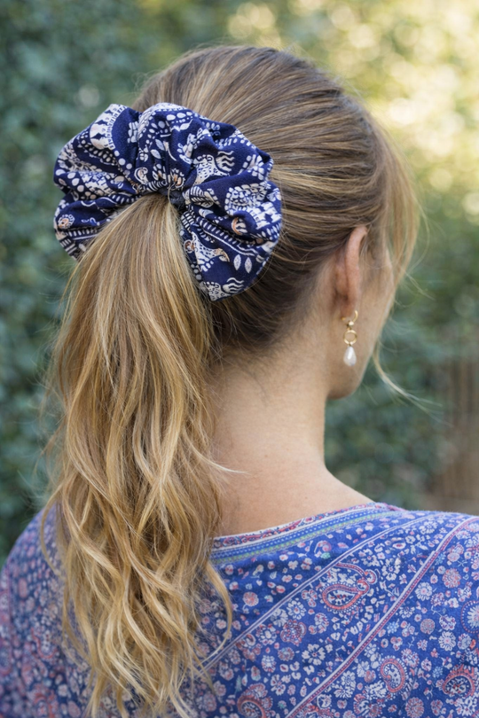 Navy Blue Elephant Print Hair Scrunchie Ties