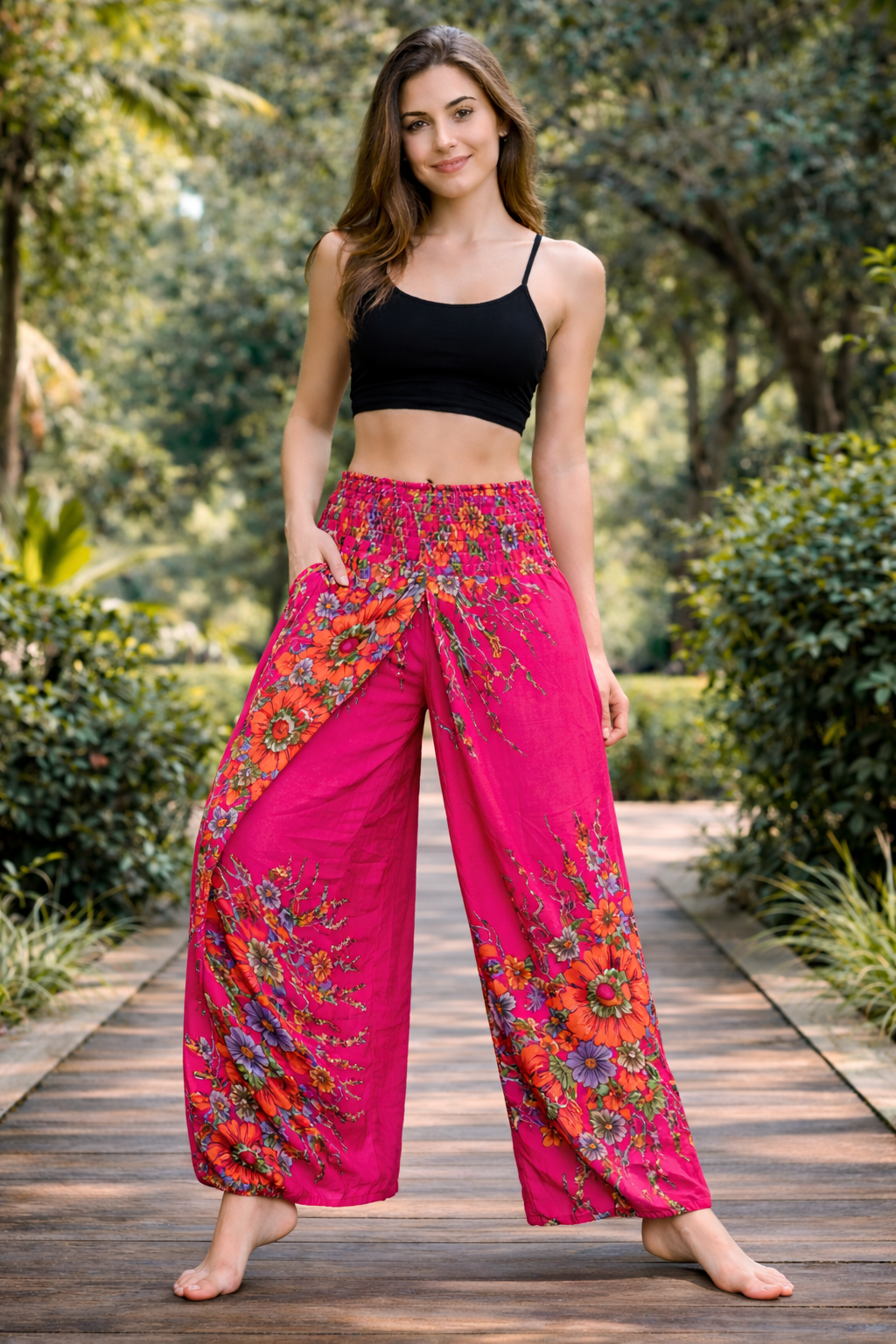 Bohotusk Pink Floral Print Womens Palazzo Pants Small (UK 8 - 10)