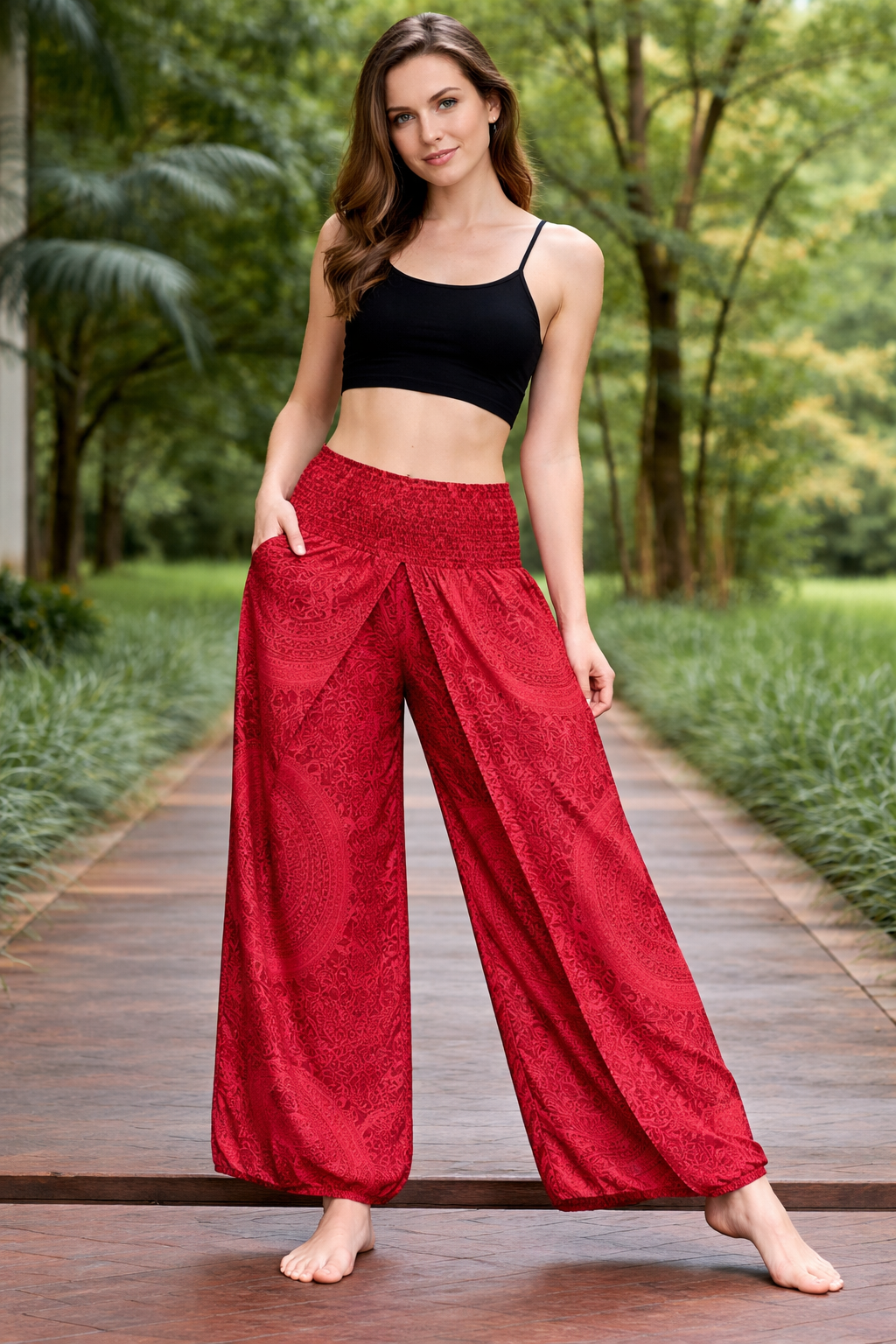 Bohotusk Red Night Glow Print Womens Palazzo Pants Small (UK 8 - 10)