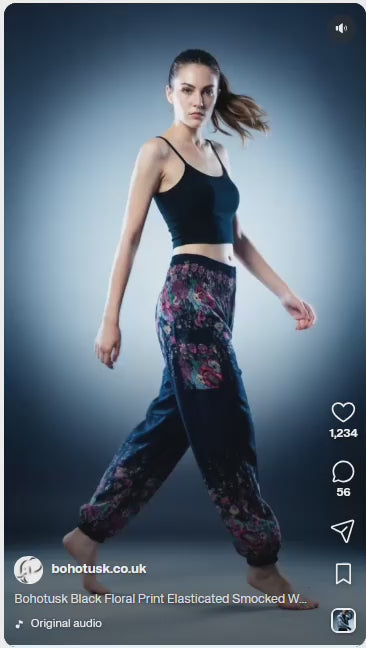 Bohotusk Black Floral Print Elasticated Smocked Waist Womens Harem Pants