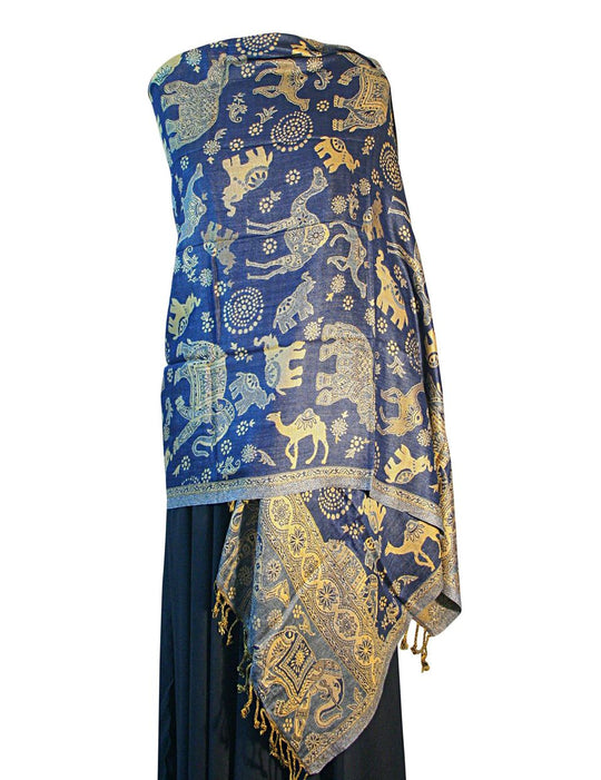 Blue Sand Elephant Camel Print Pashmina Reversable 200 x 75cm