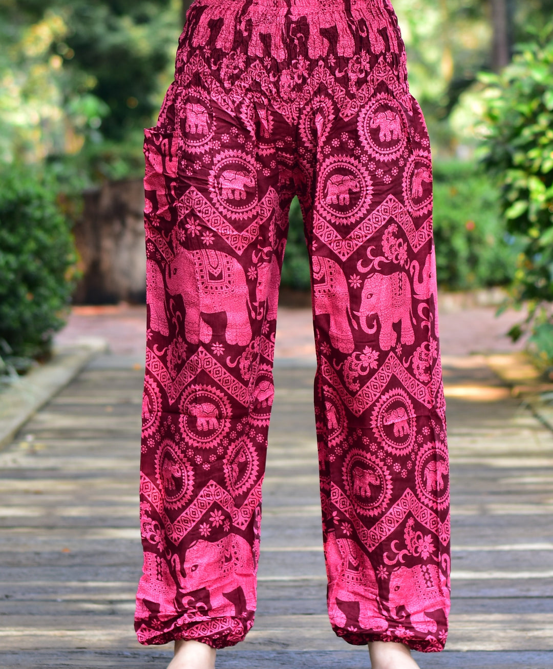 Bohotusk Kids Red Pink Elephant Tusker Elasticated Smocked Waist Harem Pants (13 - 15 Years)