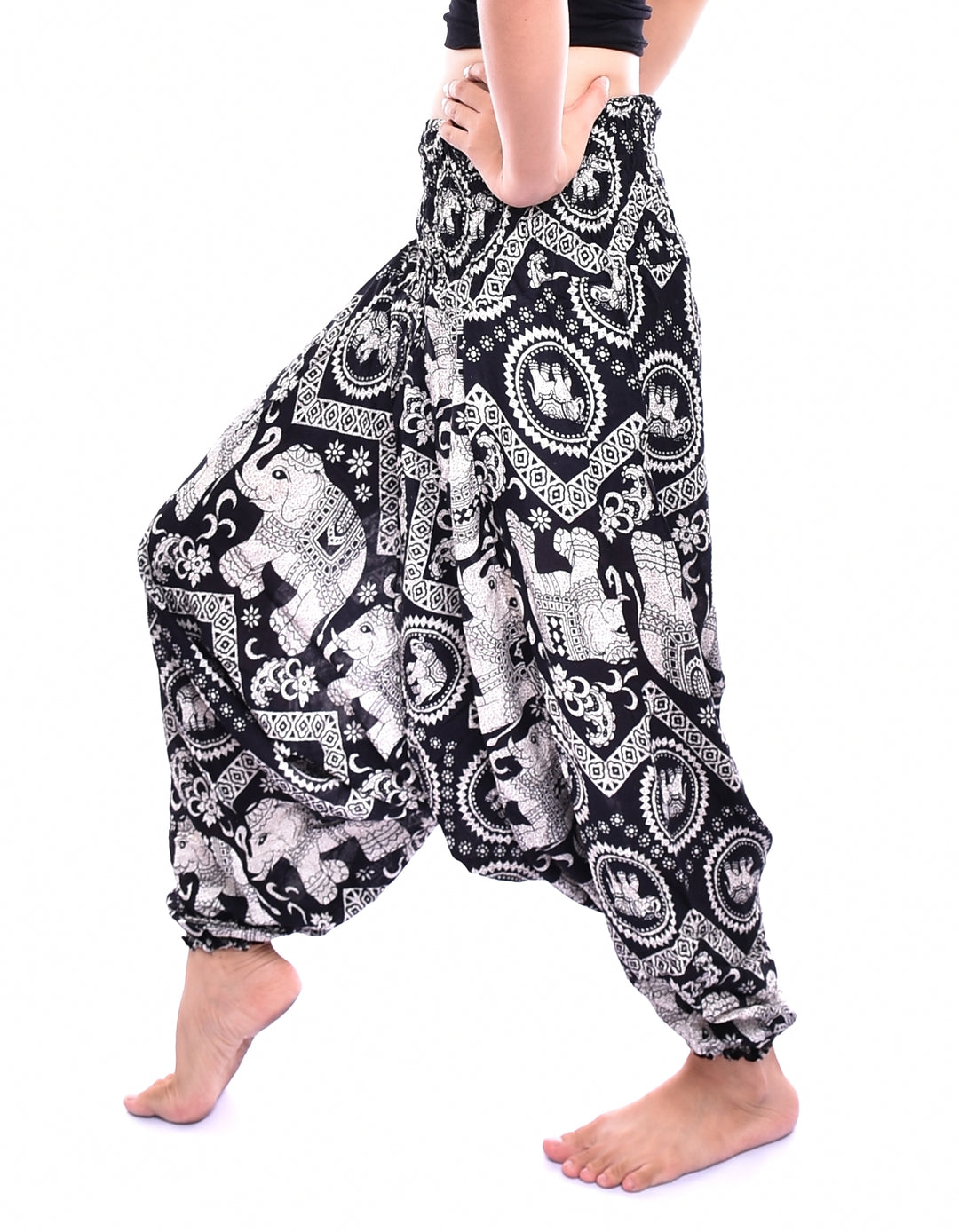 Bohotusk Black Elephant Print Low Crotch Harem Pants Womens Elasticated Smocked Waist S/M